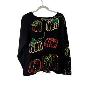 Belle Pointe Vintage Pumpkin Sequin Sweater Art to Wear 3D Knit Womens Size XL